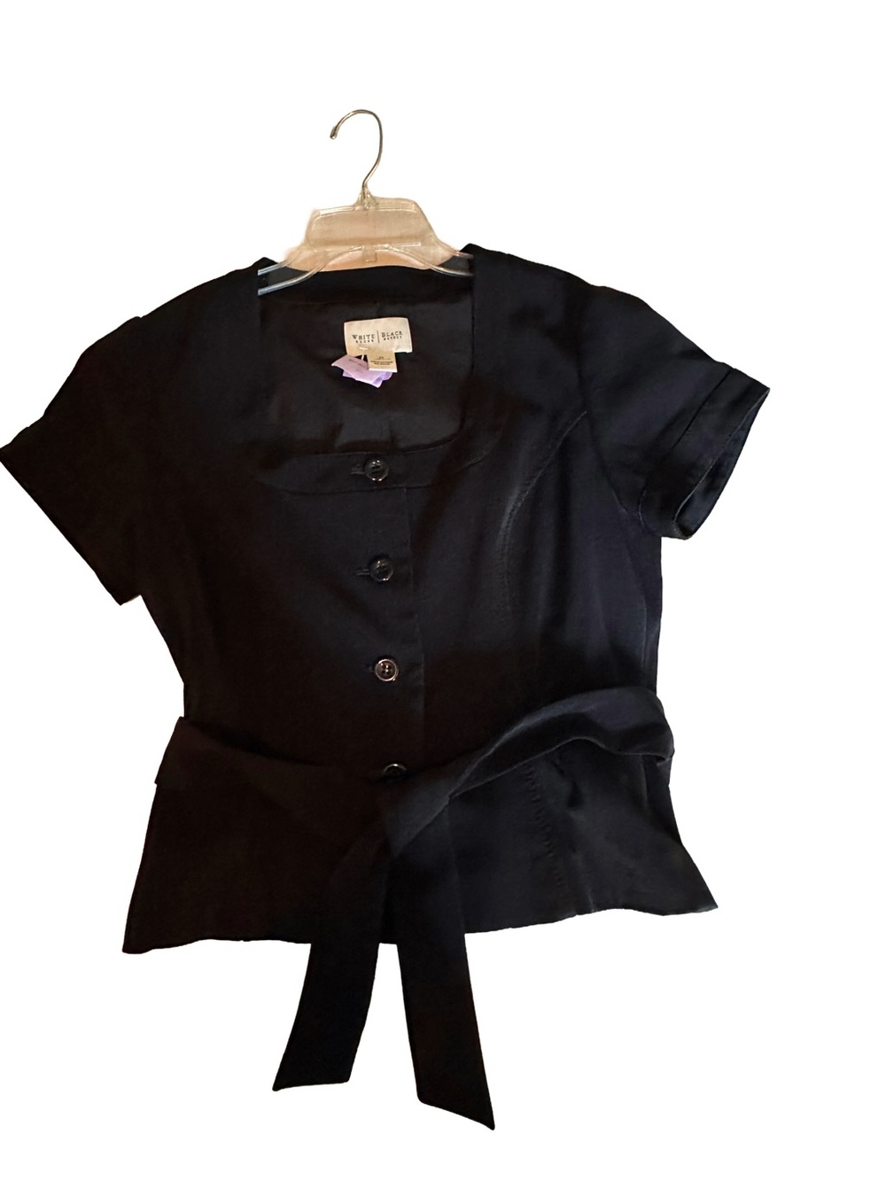 White House Black Market Black Short-Sleeve Button Front Tie-Waist Top - Picture 2 of 4